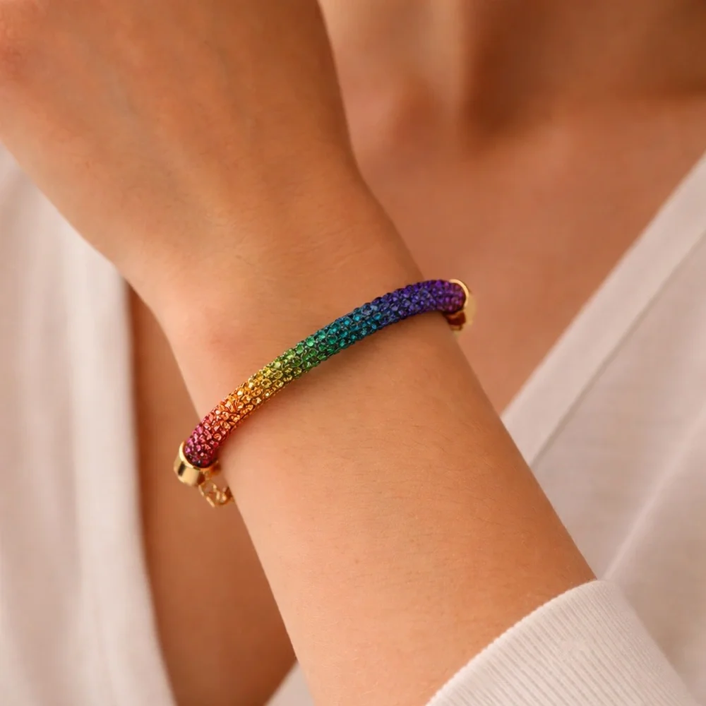 Rainbow Rhinestone Mesh Bracelet | Glitter “Crystaldust” Statement Jewelry